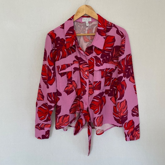 SOFIA VERGARA Women's Size XL Tropical Pink Palm Leaves Button Up Tie Blouse - Picture 5 of 5